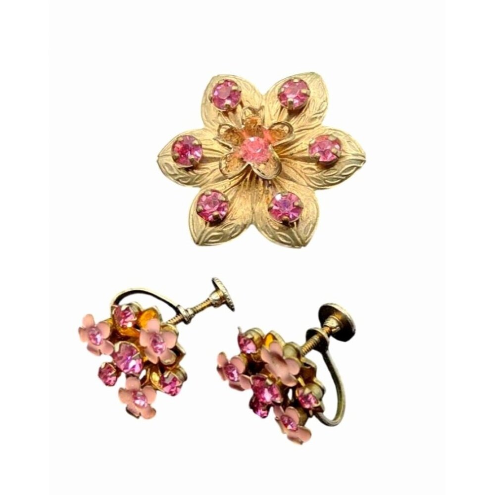 Vintage Gold-Tone Floral Brooch & Pink Rhinestone Screw-Back Earrings Set